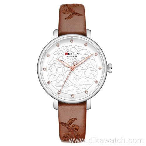 CURREN 9046 New Trendy Women Watch with Rhinestone Well-made Chinese Brand Quartz Watch Leather Strap Fashion Wristwatch